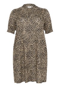 Klänning med leopardmönster gjord av lättviktsmaterial, med V-ringning, korta puffärmar och en avslappnad passform med en något utställd botten.