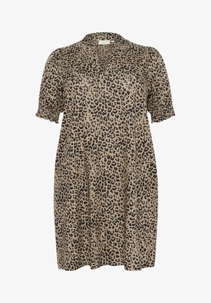 Leopard print dress made of lightweight fabric, featuring a V-neck, short puff sleeves, and a relaxed fit with a slightly flared bottom.