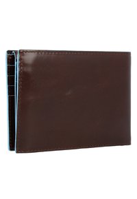 Brown leather wallet with a smooth texture, featuring blue stitching along the edges, rectangular shape, and multiple card slots inside.