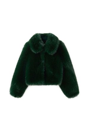 Veste courte en fausse fourrure verte avec un col arrondi, des manches longues, et une texture douce et duveteuse. Sans fermetures ni ornements visibles.