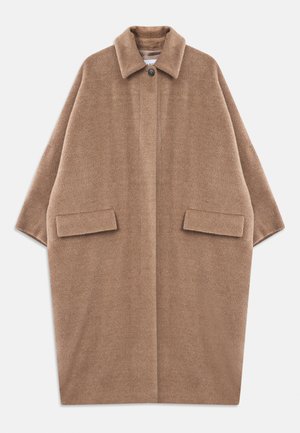 Brown oversized wool coat with wide sleeves, button closure at collar, and two front flap pockets, laid flat on white background.