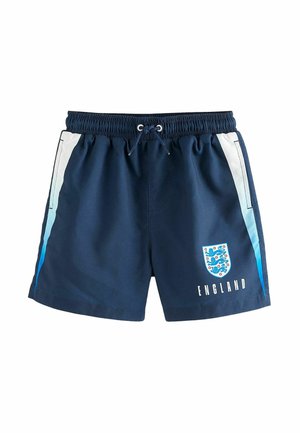 Pantaloni da nuoto blu navy con vita elastica, cordoncino, pannelli laterali bianchi e celesti, e design con il crest dell'Inghilterra sulla parte anteriore.