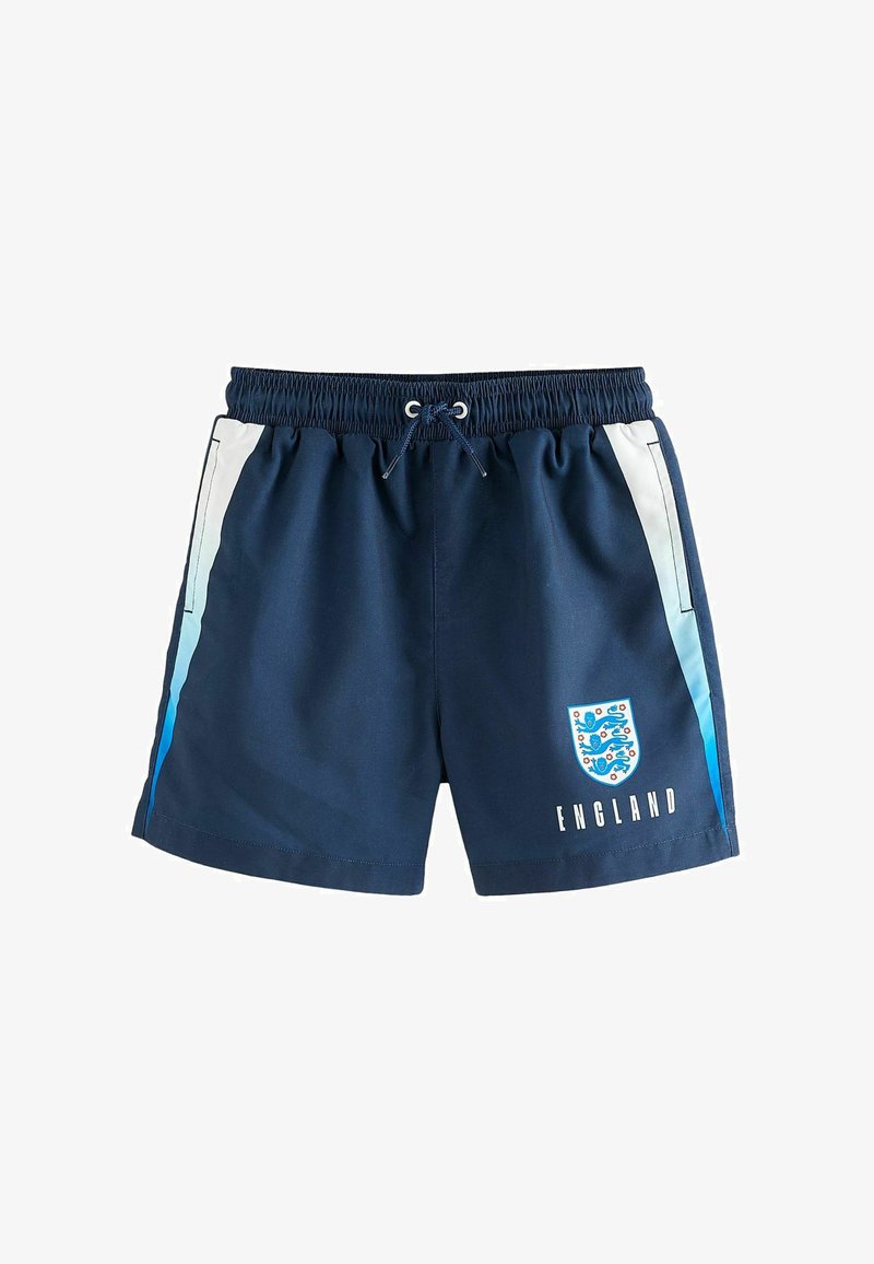 Pantaloni da nuoto blu navy con vita elastica, cordoncino, pannelli laterali bianchi e celesti, e design con il crest dell'Inghilterra sulla parte anteriore.
