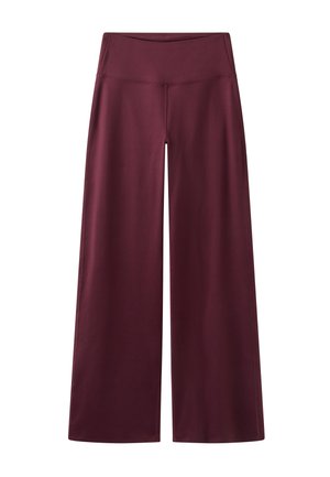 Pantalones de pierna ancha en burdeos oscuro con cintura alta y tela lisa y sólida.