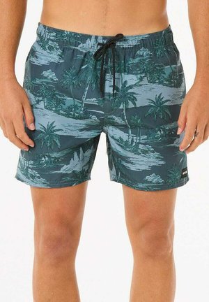 Shorts de bain bleu marine avec un imprimé palmiers et paysage. Caractéristiques : taille élastique avec cordon de serrage et coupe courte.