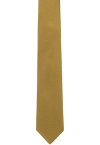 Senfgelbe Krawatte mit strukturierter Oberfläche, länglicher Form und spitz zulaufender Spitze. Keine Muster oder zusätzlichen Akzente vorhanden.