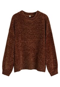Brauner Chenille-Strickpullover mit langen Ärmeln, Rundhalsausschnitt sowie gerippten Bündchen und Saum.