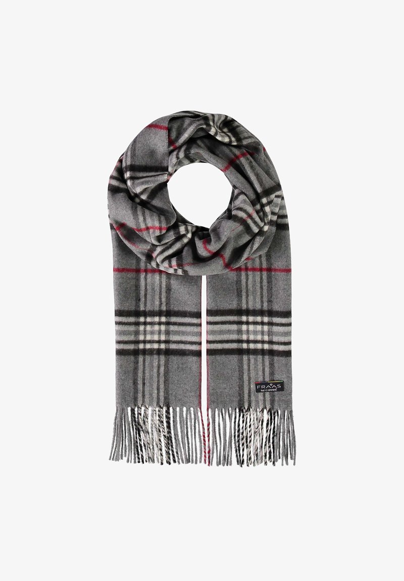 Grau kariertem Schal mit weicher Textur, schwarzen und roten Akzenten, Fransen an den Enden und einem Etikett an der unteren Seite.