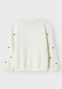 Cremefarbener Pullover mit roter Herzstickerei an den Ärmeln. Verfügt über einen gerippten Halsausschnitt und Bündchen. Weiche Textur, lässiges Design und reguläre Passform.