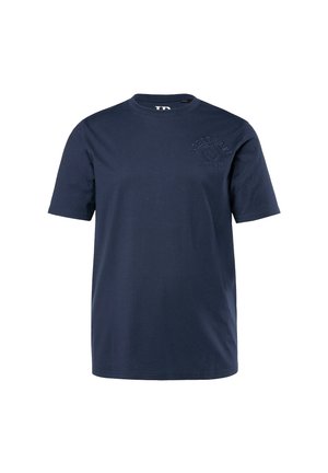 Granatowa bawełniana koszulka z krótkim rękawem, okrągłym dekoltem oraz haftowanym logo "Wielkie Jezioro Ontario" na piersi. Gładka faktura.