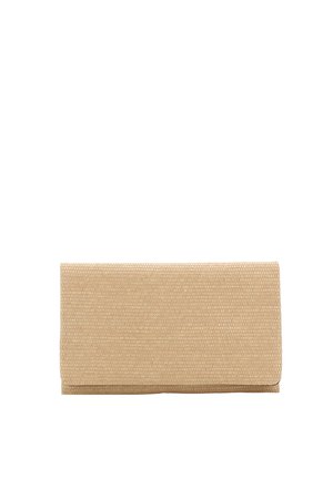 Beige strukturiertes Clutch-Portemonnaie in flacher rechteckiger Form, mit einem umklappbaren Deckel und minimalistischem Design. Keine sichtbaren Beschläge.