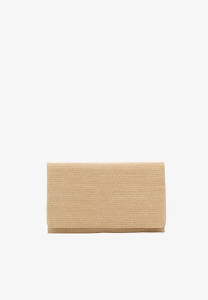 Beige textured clutch wallet with a flat rectangular shape, featuring a fold-over flap and minimalistic design. No visible hardware.