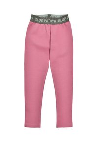 Rosa Baumwollleggings mit einem grauen Markengummibund, der "BLUE PATAYA" beschriftet ist. Sie haben eine taillierte Passform und eine glatte Textur.