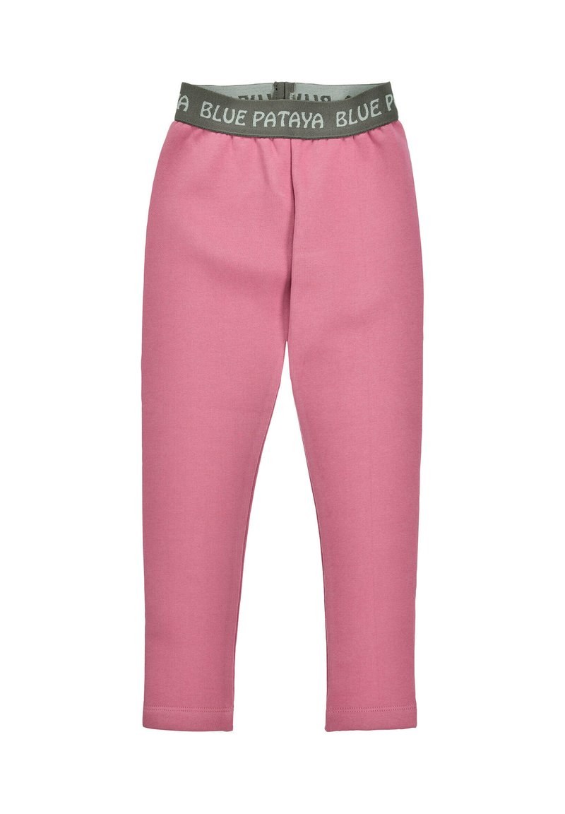 Rosa Baumwollleggings mit einem grauen Markengummibund, der "BLUE PATAYA" beschriftet ist. Sie haben eine taillierte Passform und eine glatte Textur.