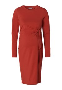 Rotes, langärmliges, knielanges Kleid aus weichem Stoff, mit einem seitlichen Bindeband und einem runden Ausschnitt für eine figurbetonte Silhouette.