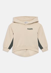 Μπεζ φούτερ για νήπια με σκούρες πλευρικές πινελιές, μακριά μανίκια, κουκούλα μπροστά και την επιγραφή "RAAAWR" στο στήθος με σκούρα γράμματα.