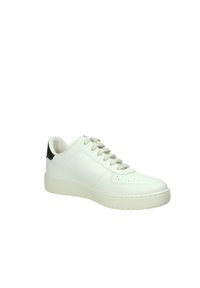 Sneaker bianca in pelle con suola in gomma testurizzata, punta rotonda, perforazioni e un accento nero sul tallone, completata da lacci grigio chiaro.