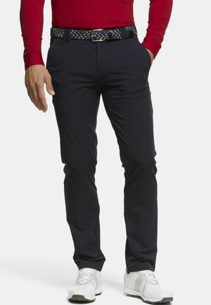 Marineblauwe broek met een slim fit ontwerp, voorzien van een kleurrijke geweven riem. Gemaakt van lichtgewicht materiaal, met voorzakken en een gladde textuur.