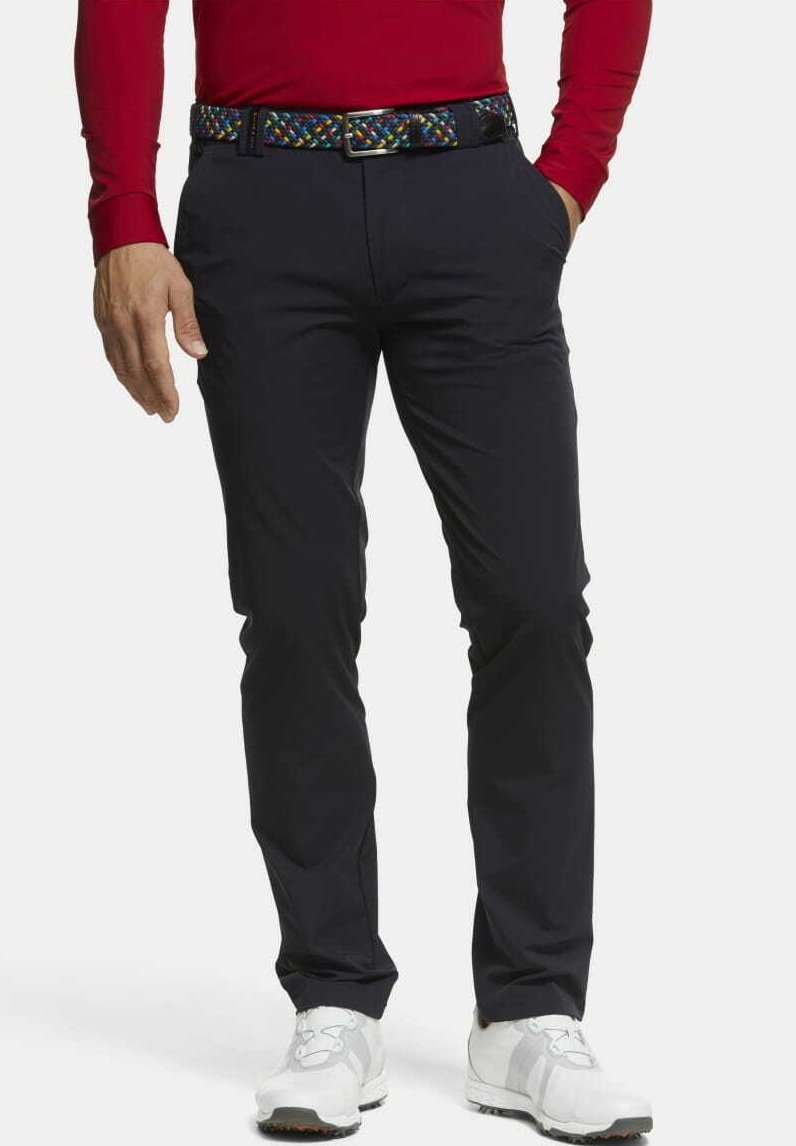 Marineblauwe broek met een slim fit ontwerp, voorzien van een kleurrijke geweven riem. Gemaakt van lichtgewicht materiaal, met voorzakken en een gladde textuur.
