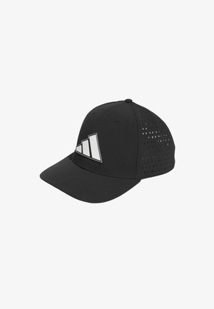 Black baseball cap with a curved visor, featuring a white three-stripe logo and perforated detailing on the sides for ventilation.