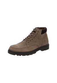 Stivaletti in suede marrone con punta rotonda, lacci frontali e collo imbottito in contrasto marrone scuro. Suola in gomma con scanalature per la trazione.