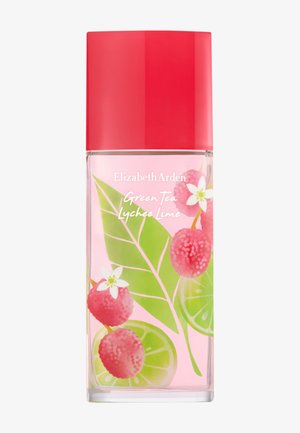 Bottiglia di profumo Elizabeth Arden Green Tea Lychee Lime con tappo rosso, illustrazioni di foglia verde, frutto di litchi e lime sul vetro.