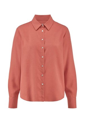 Langärmliges terrakottafarbenes Hemd mit Knöpfen, spitzem Kragen und geknöpften Manschetten, vor weißem Hintergrund präsentiert.