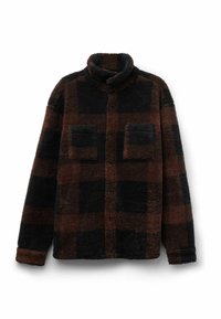 Brun och svart rutig fleecejacka med hög krage, två framfickor och knappstängning. Mjukt, texturerat tyg.