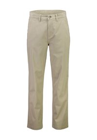 Beige katoenen chinos met een rechte pasvorm, voorzien van een sluiting met knoop aan de voorkant, ceintuurlussen en zijzakken. Soepele textuur zonder patronen.
