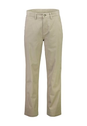 Beige bomulds chinos med lige pasform, der har en frontknaplukning, bæltestropper og sidelommer. Glat tekstur uden mønstre.