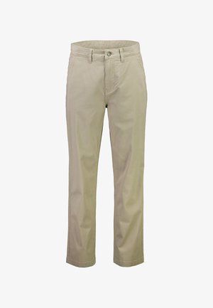 Beige bomulds chinos med lige pasform, der har en frontknaplukning, bæltestropper og sidelommer. Glat tekstur uden mønstre.
