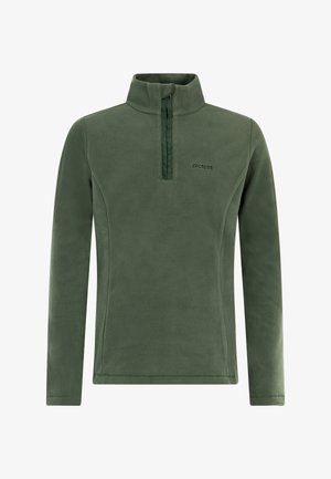 Groene fleecetrui met hoge kraag en ritssluiting, gecombineerd met zwarte waterdichte broek en zwarte laarzen. Eenvoudig, functioneel ontwerp.