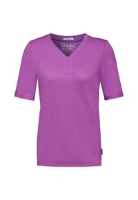Chemise à manches courtes en tissu violet uni, avec un léger détail cousu au niveau du col en V et une silhouette ample.