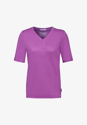 V-hals T-shirt met korte mouwen van stevige paarse stof, met een subtiel gestikt detail bij de halslijn en een losse pasvorm.