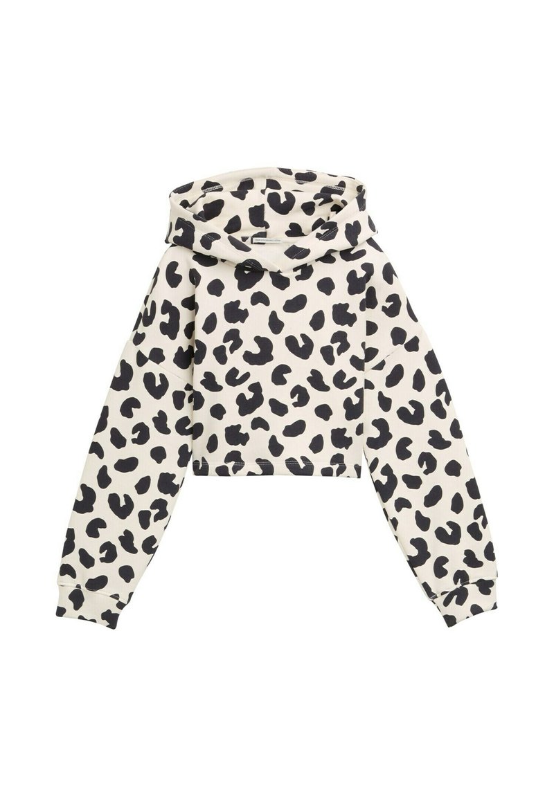 Beskåret hoodie lavet af blødt stof, med en beige base og sort leopardprint. Ribbenede manchetter og hætte med snor for ekstra detalje.
