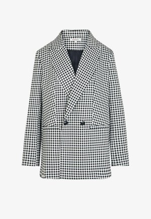 Schwarz-weiß kariertes, doppelreihiges Sakko mit breitem Revers, langen Ärmeln und vorderen Knöpfen, Marke Morgan, Größe 36.