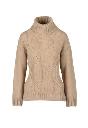 Bežinis megztinis su aukštu kaklu, su kabeliniais raštais, susiūtais rankogaliais ir laisvu siluetu.