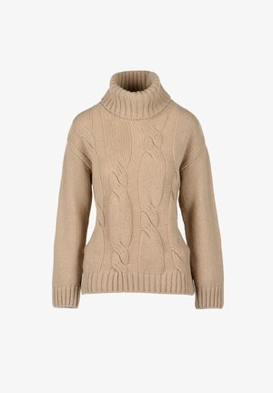 Bežinis megztinis su aukštu kaklu, su kabeliniais raštais, susiūtais rankogaliais ir laisvu siluetu.