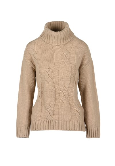 Pulover bej tricotat cu guler înalt, având un model de tricotaj în cablu, manșete din tricot ușor ondulat și un design lejer.