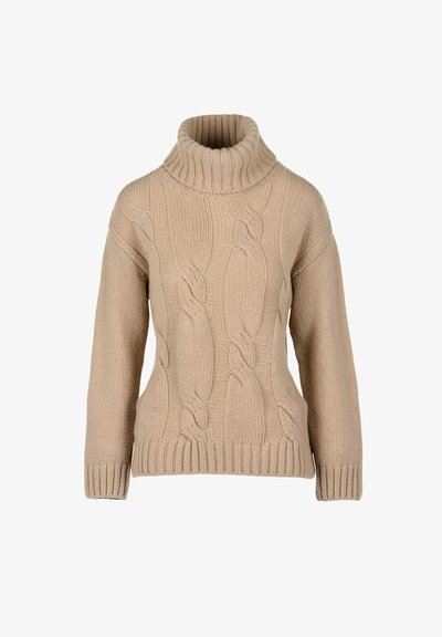 Pulover bej tricotat cu guler înalt, având un model de tricotaj în cablu, manșete din tricot ușor ondulat și un design lejer.