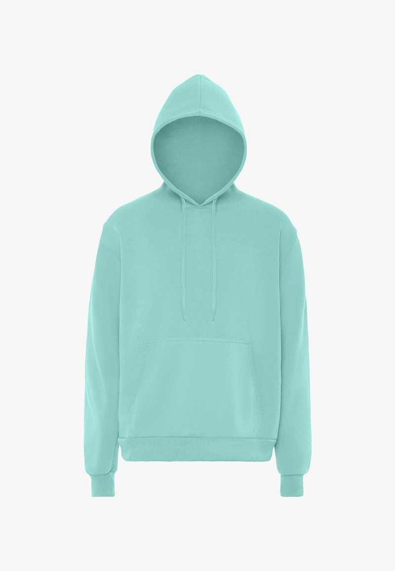 Mint zaļš pulovers ar kapuci, priekšējo kabatu, aukliņu un ribotu aproču dizainu. Izgatavots no mīkstas, tekstūrētas auduma.