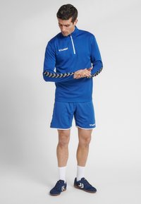 Maglietta sportiva a maniche lunghe blu con collo a zip, caratterizzata da un motivo a spina di pesce nero sulle maniche, abbinata a pantaloni corti blu e sneakers coordinate.