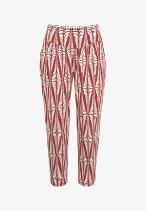 Pantalones de patrón rojo y blanco con un diseño geométrico de hojas, cintura elástica, pierna ajustada y una textura de tela suave.