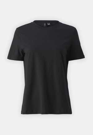 Black cotton t-shirt with short sleeves, round neck, and a smooth texture. Features a straight cut and no visible patterns or designs.