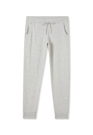 Pantaloni della tuta grigi chiari con vita regolabile tramite coulisse, due tasche laterali, caviglie affusolate e un materiale morbido e testurizzato.