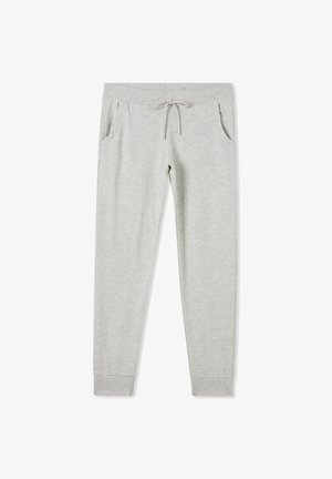 Pantaloni della tuta grigi chiari con vita regolabile tramite coulisse, due tasche laterali, caviglie affusolate e un materiale morbido e testurizzato.