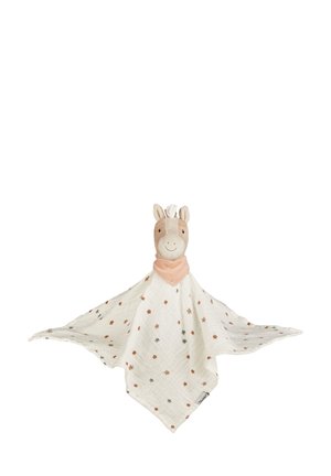 Horse-shaped soft toy made of cotton, featuring a light cream blanket with colorful floral patterns and a coral neck detail.