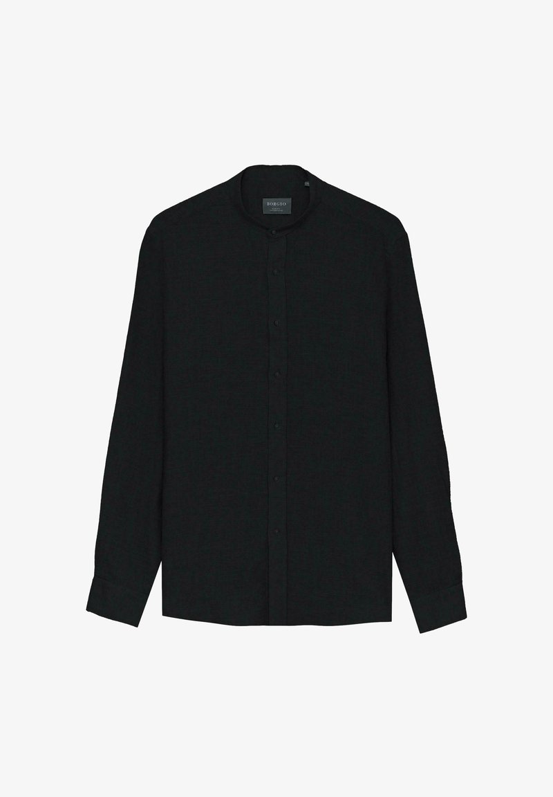 Czarna koszula z długim rękawem, okrągłym kołnierzykiem i zapięciem na guziki, z subtelnie teksturowanym wzorem. Brak widocznych logo.
