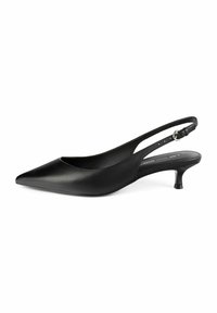 Black leather slingback shoe with a pointed toe, low kitten heel, and cutout detailing on the sides. Smooth texture, minimal design.
