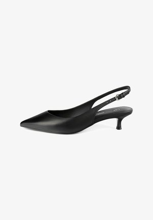 Zwarte leren slingback-schoen met een spitse neus, lage kittenheel en uitsnijdingen aan de zijkanten. Effen textuur, minimalistisch ontwerp.